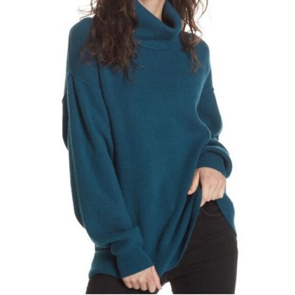 Free People Softly Structured Deep Jade Mock Neck Ribbed Oversized Sweater Size - Picture 4 of 10